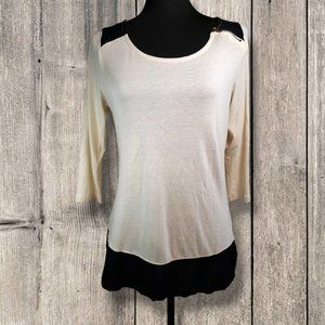 Merona Cream and Black Zipper Detail Scoopneck Black Trim Waist Blouse